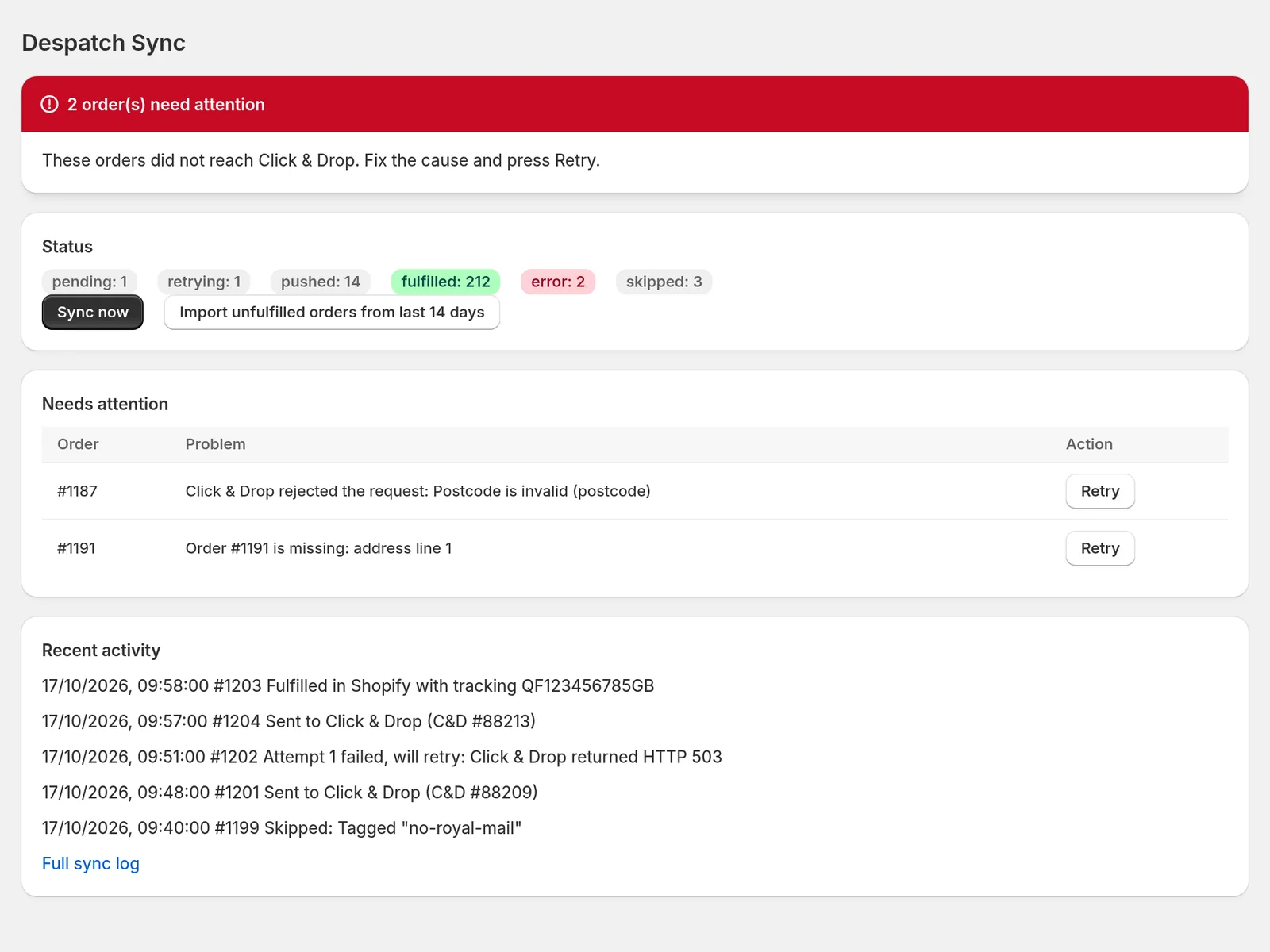 Dashboard with status counts and a needs-attention queue with Retry