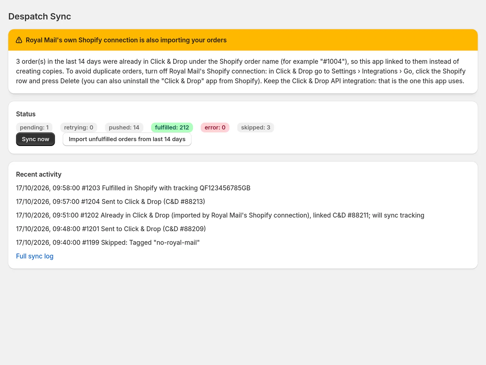 Duplicate protection: links to orders Royal Mail's own app imported