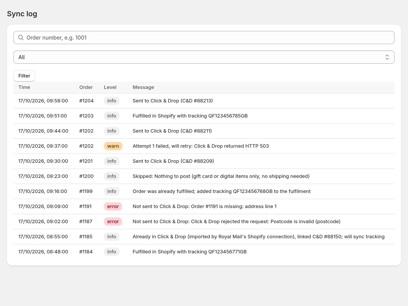 Sync log: every order sent, retried, skipped or tracked