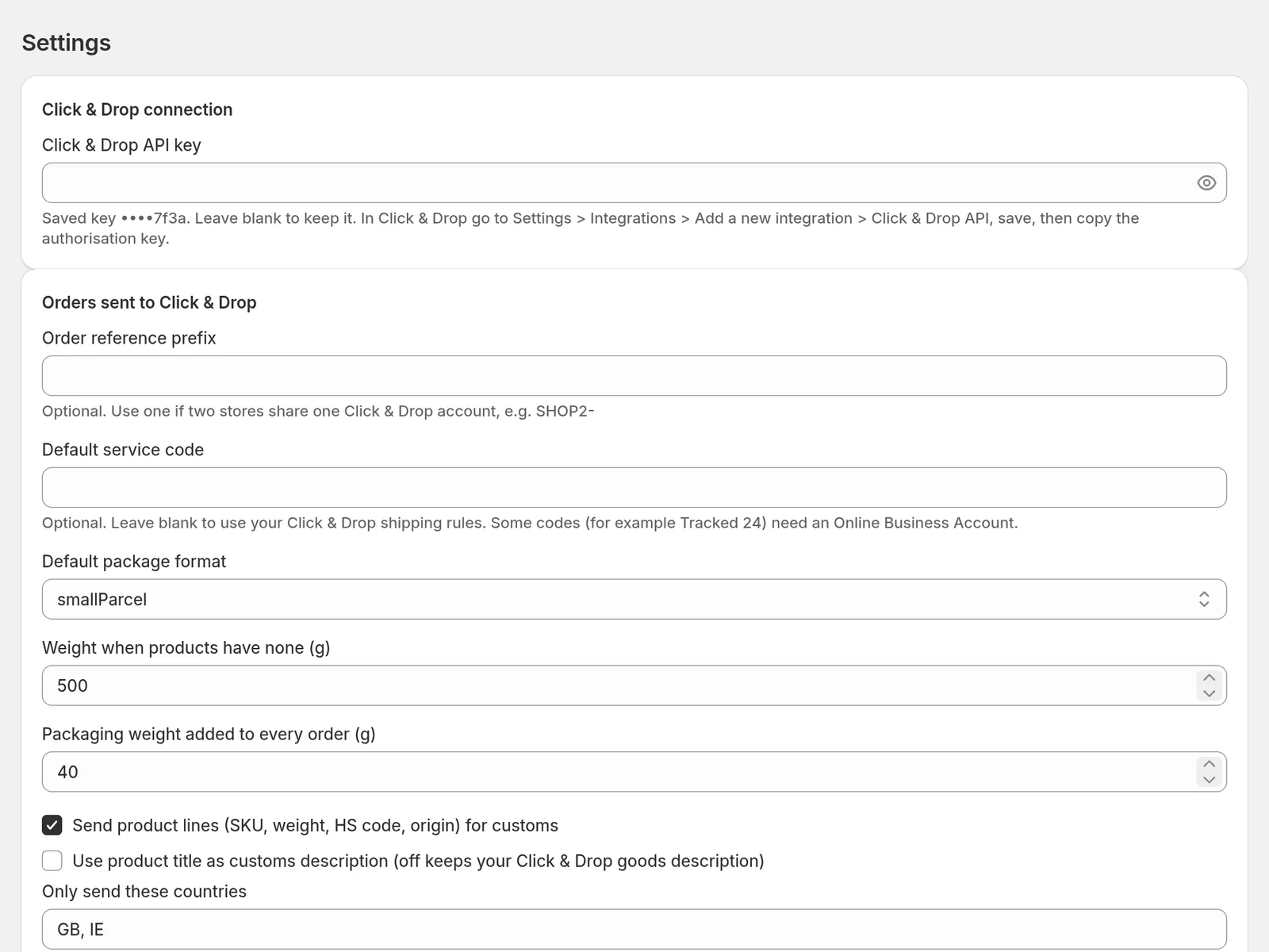 Settings for weights, package format, customs and tracking emails